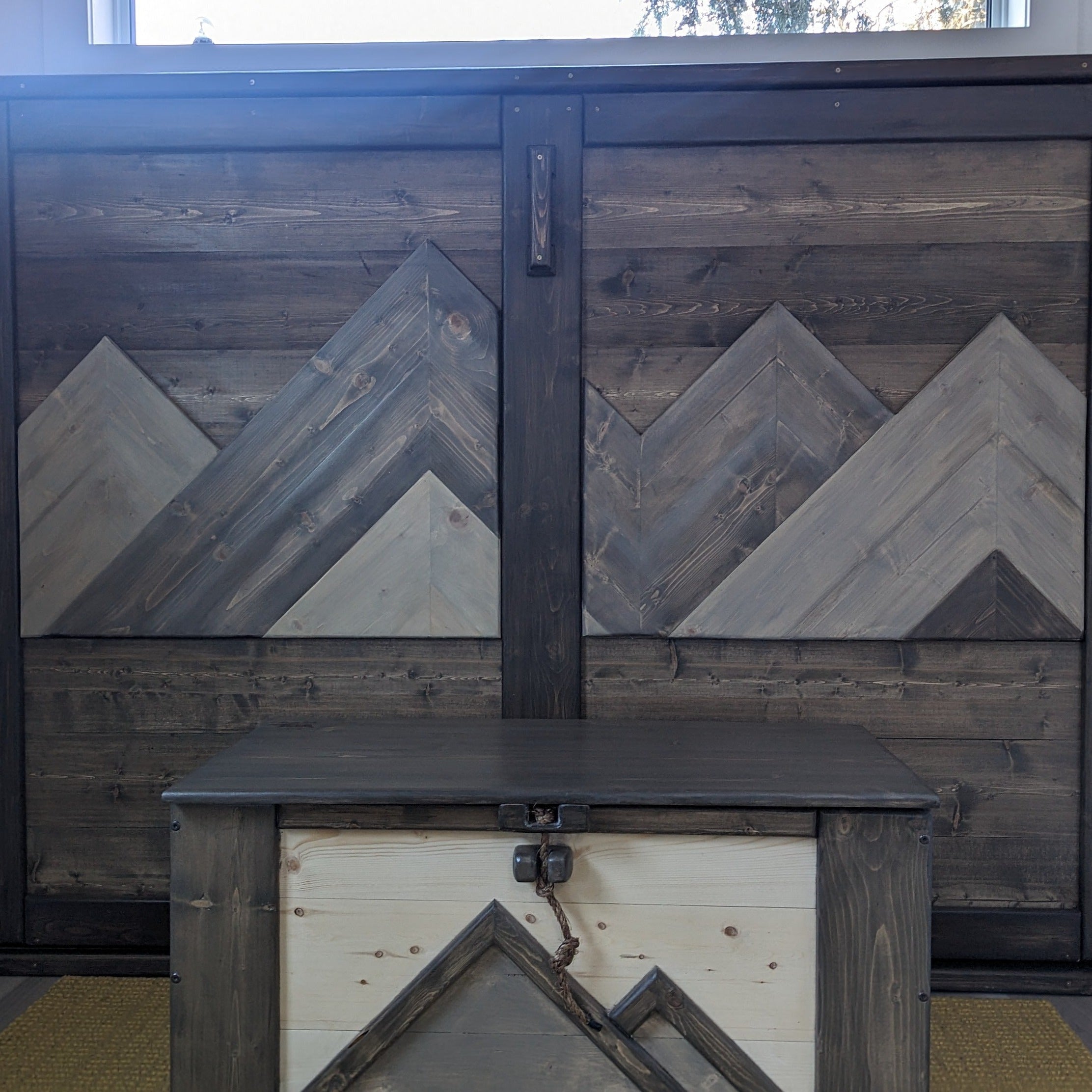 Horizontal Murphy Bed- Custom Mountain Brown & Blue - Kootenay Murphy Beds