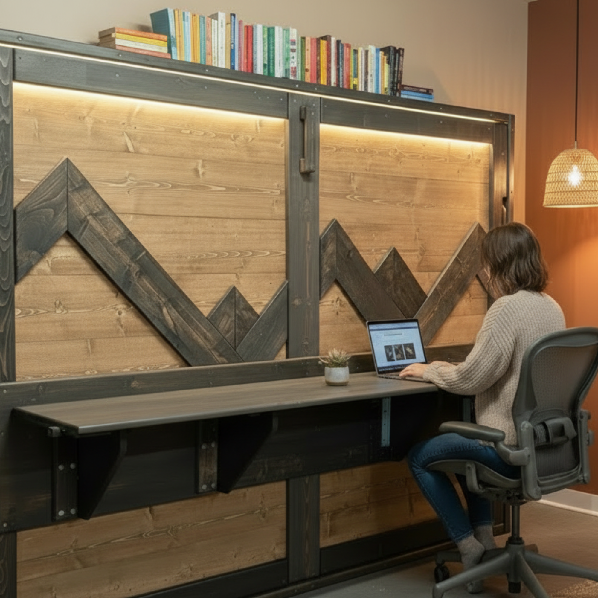 Horizontal Murphy Bed - "Custom" Mountain Peak with Desk - Kootenay Murphy Beds