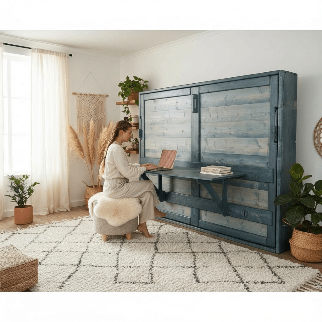 Horizontal Murphy Bed with Desk - Aqua Marine - Kootenay Murphy Beds