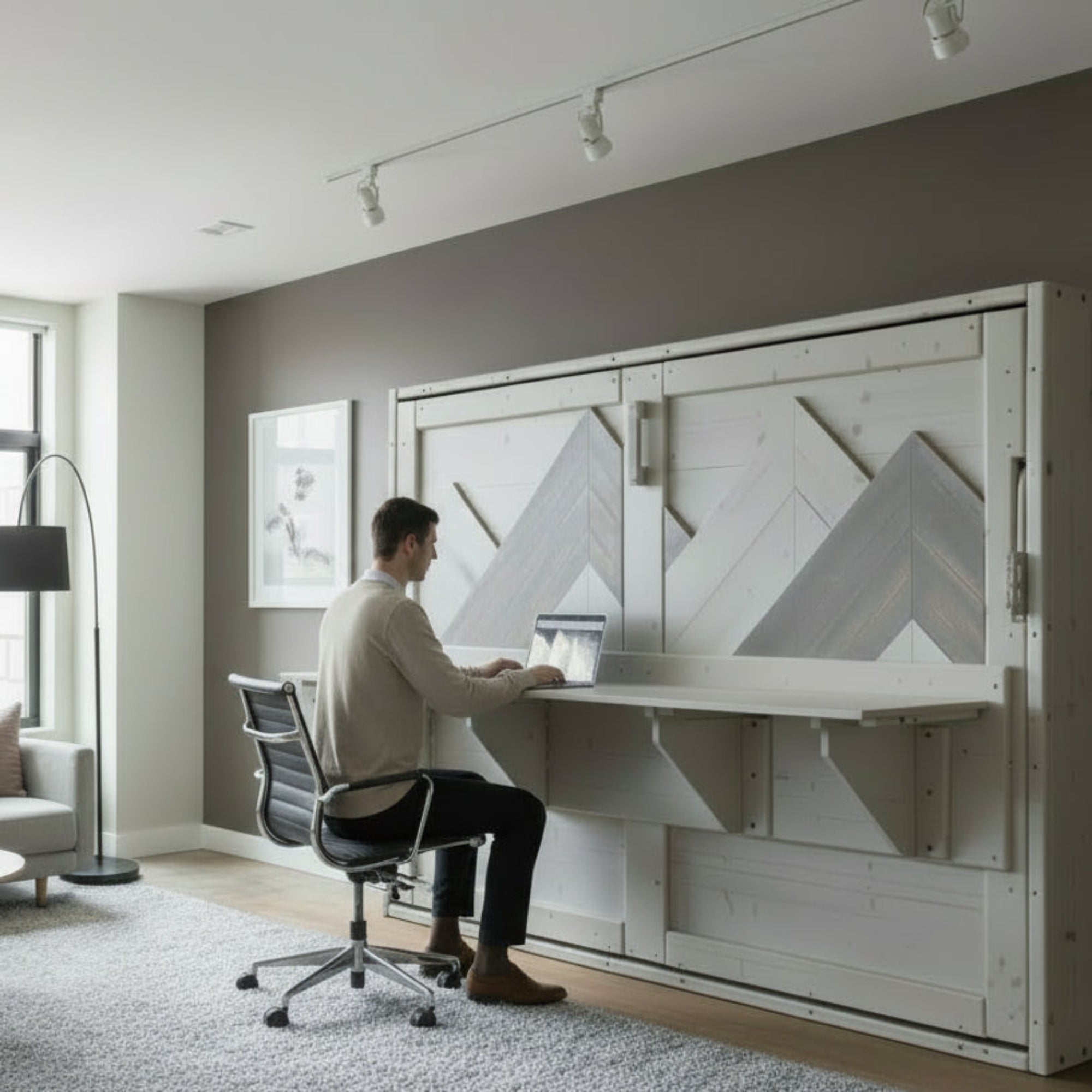 Horizontal Murphy Bed with Desk - Snowflake - Kootenay Murphy Beds