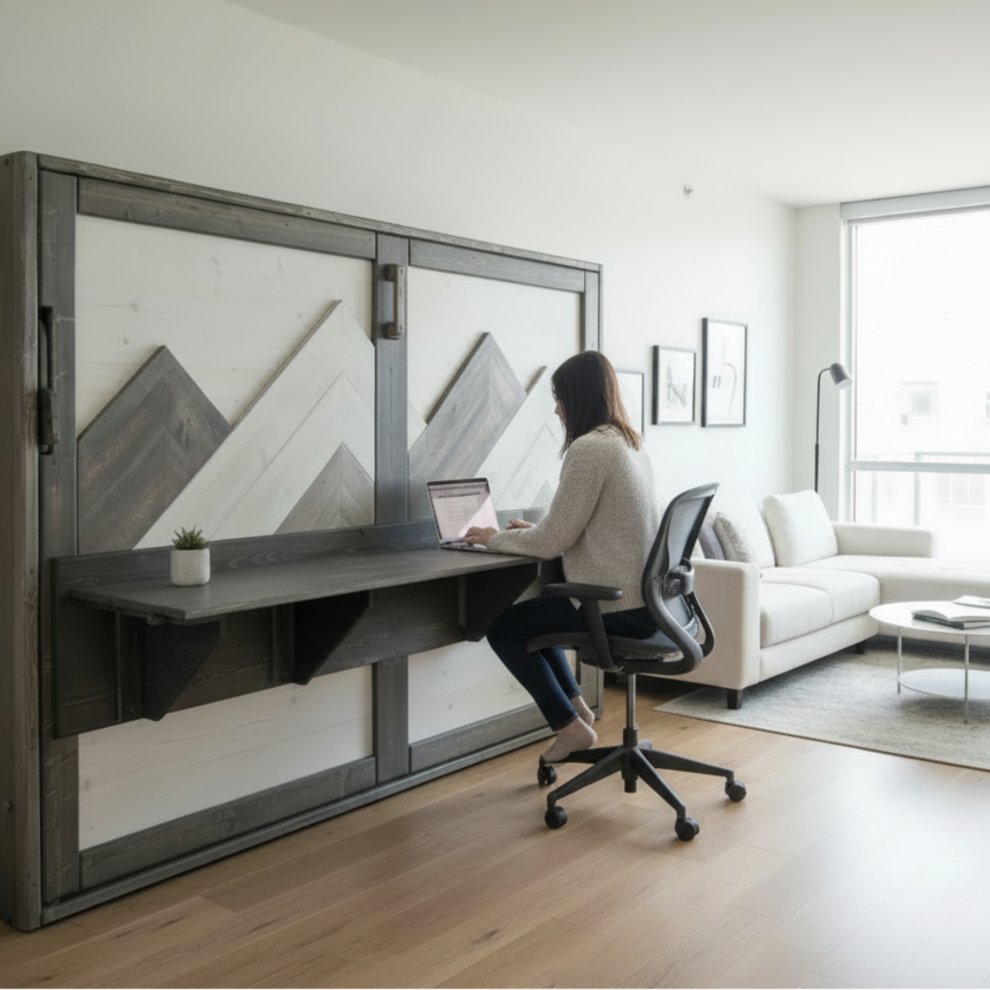 Horizontal Murphy Bed with Desk - White & Grey - Kootenay Murphy Beds