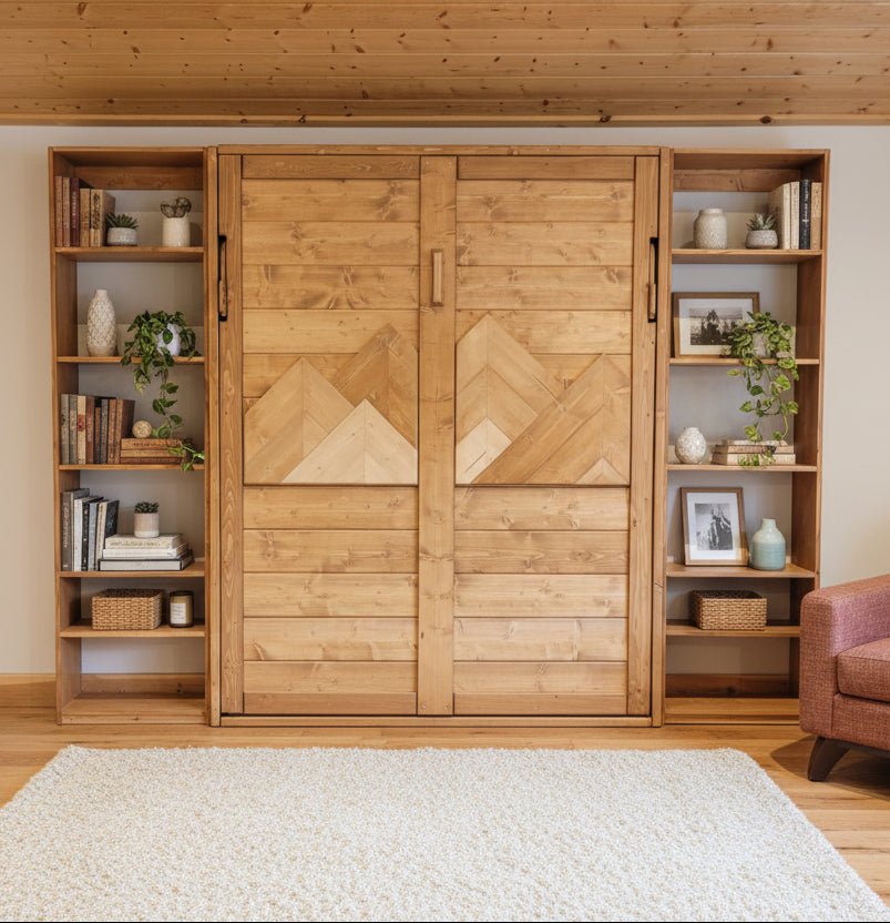 Murphy Bed with Desk - True Walnut with Mountains - Kootenay Murphy Beds