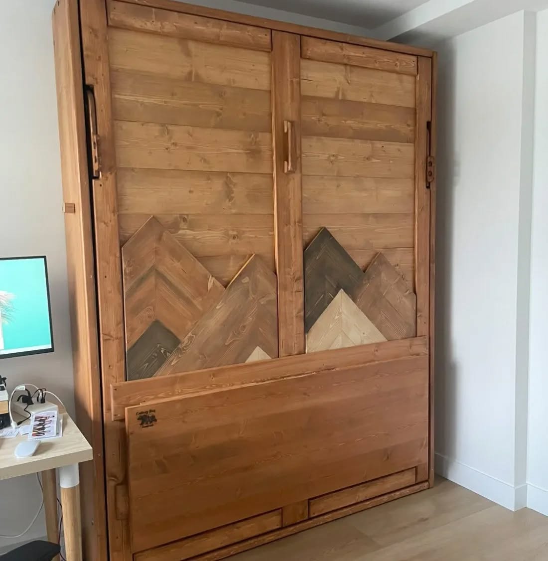 Murphy Bed with Desk - True Walnut with Mountains - Kootenay Murphy Beds