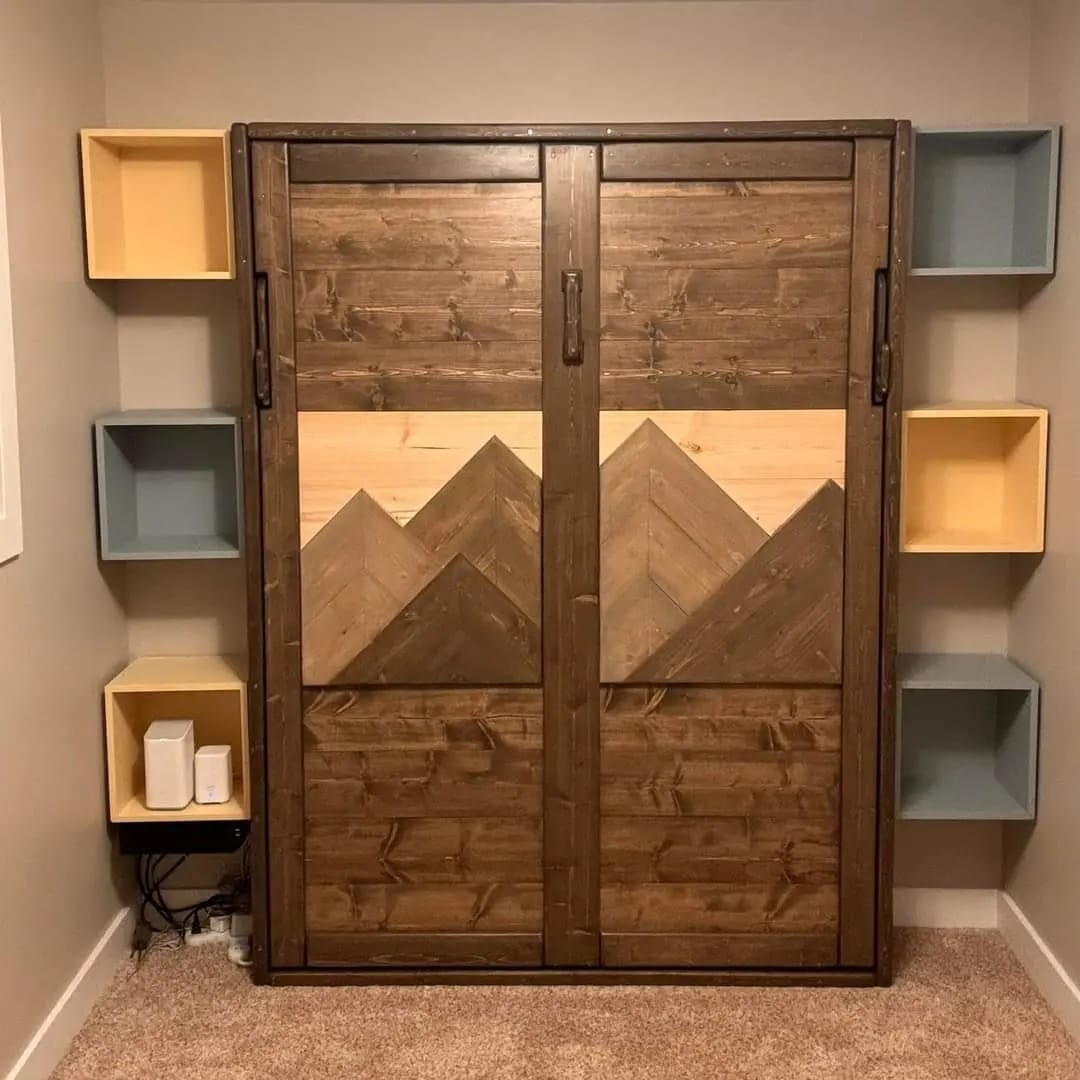 Queen Murphy Bed - Brown & Grey Mountains - Kootenay Murphy Beds