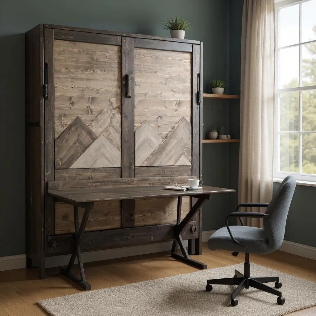 Queen Murphy Bed - Dark Brown Mountains - Kootenay Murphy Beds