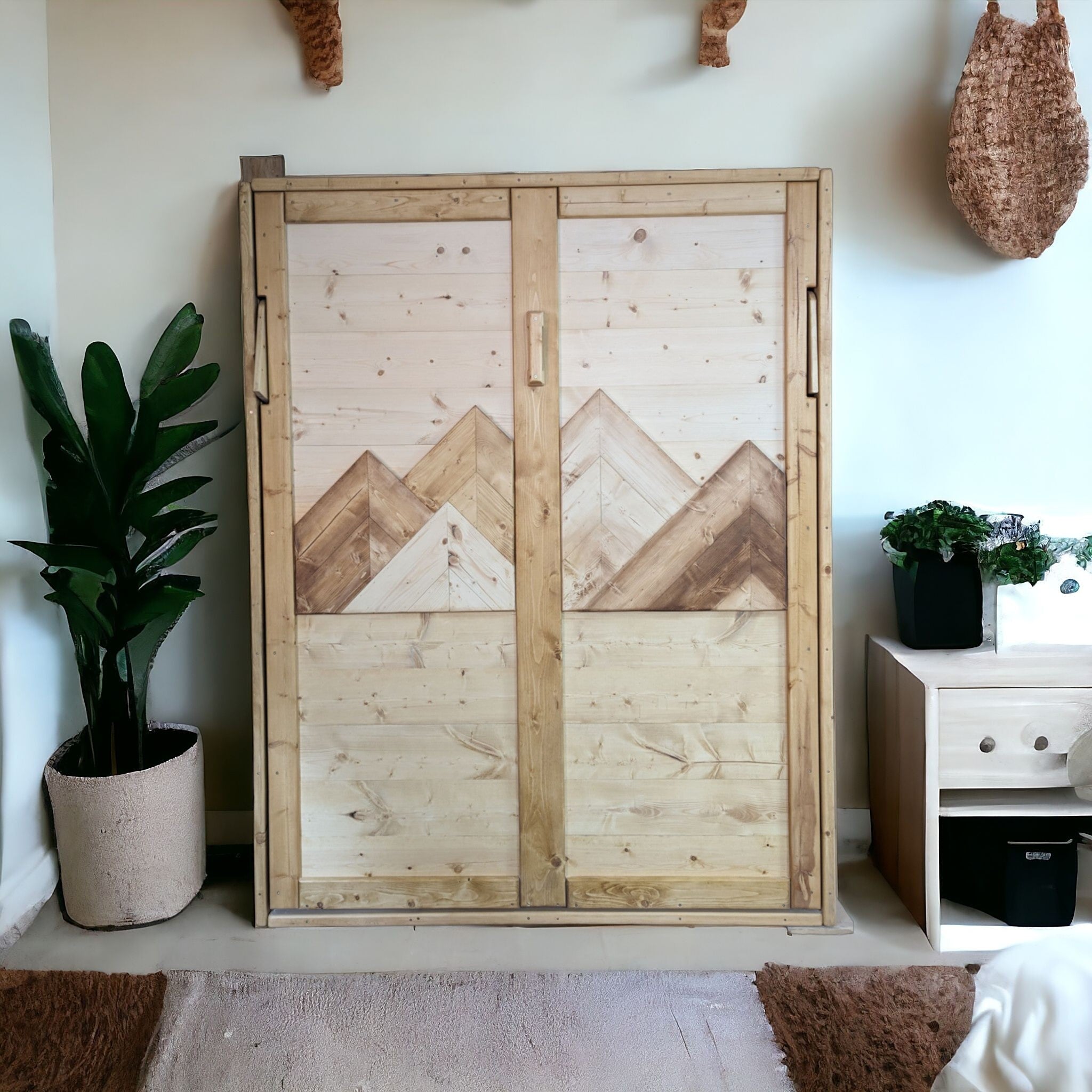 Queen Murphy Bed - Golden Oak & Brown Mountains - Kootenay Murphy Beds