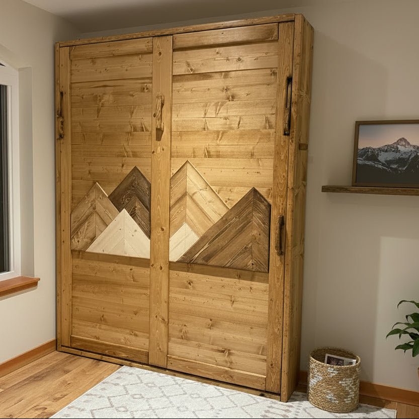 Queen Murphy Bed - Golden Oak & Brown Mountains - Kootenay Murphy Beds