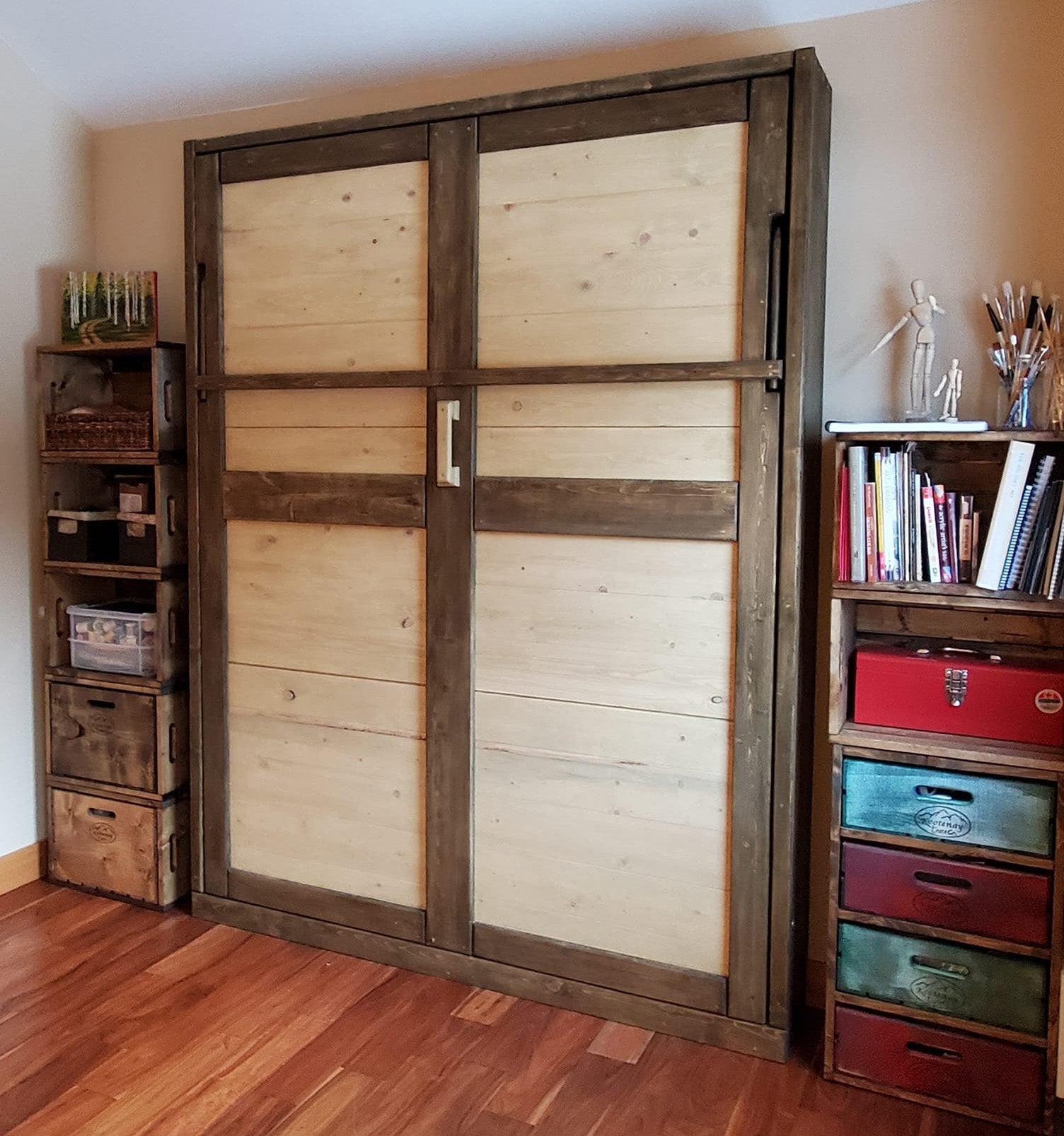 Double Murphy Bed - Natural Pine & Walnut - Kootenay Murphy Beds