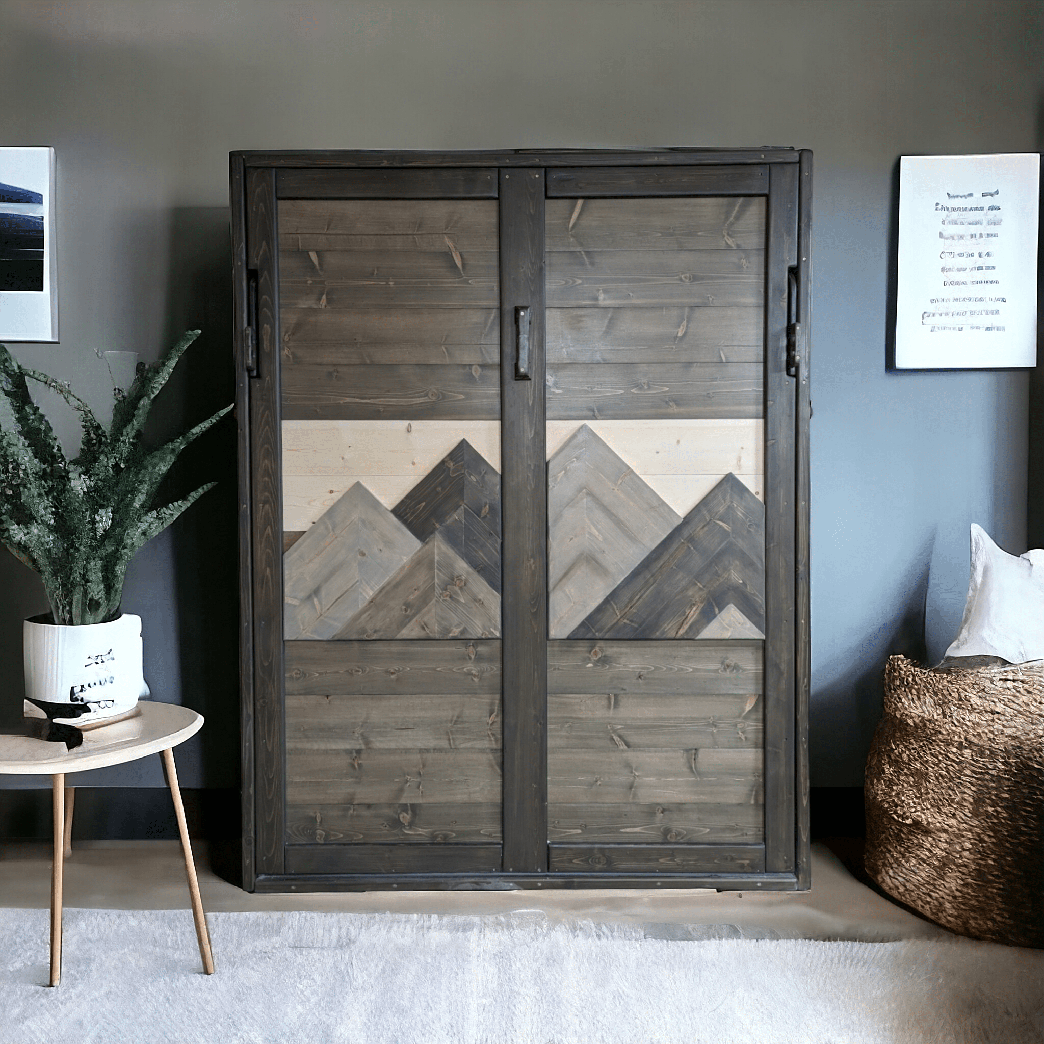 Queen Murphy Bed - Brown & Grey Mountains - Kootenay Murphy Beds