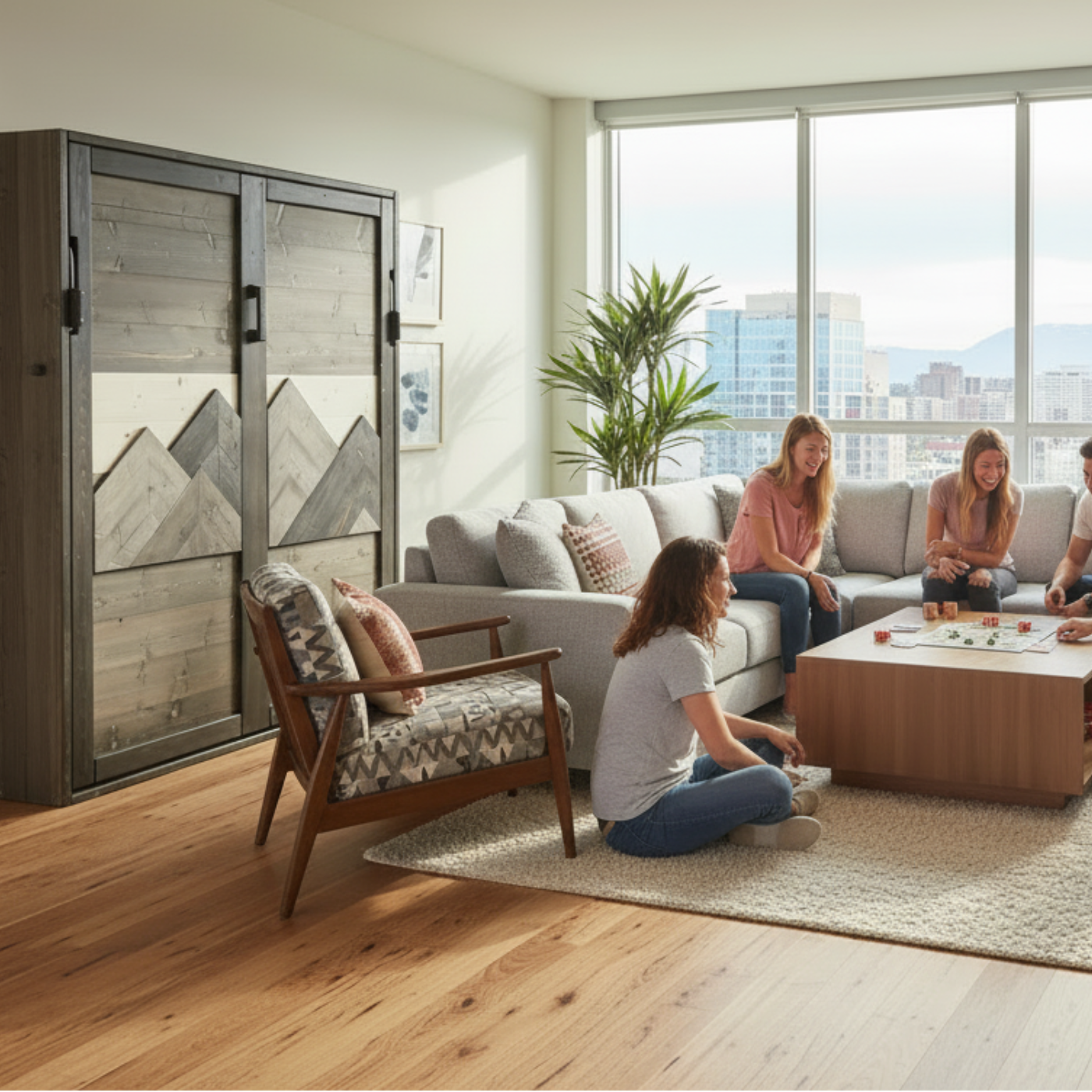 Queen Murphy Bed - Brown & Grey Mountains - Kootenay Murphy Beds