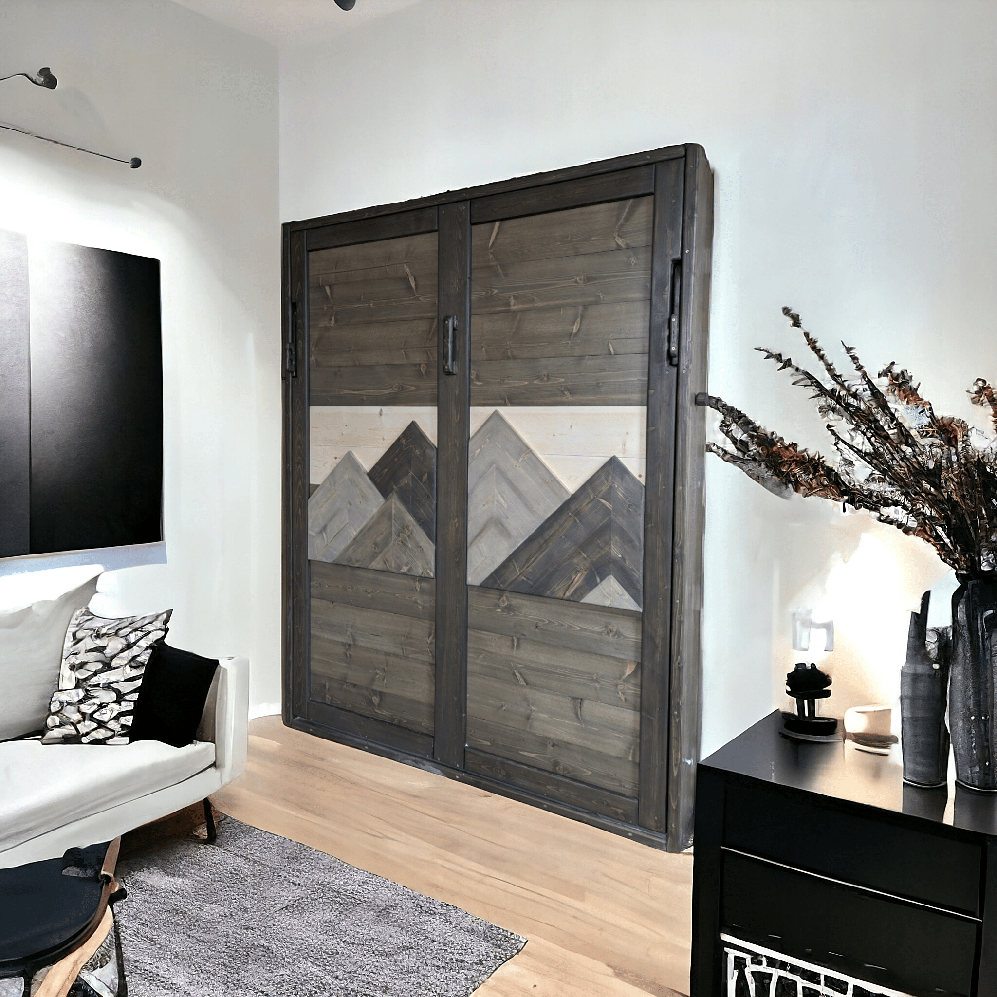 Queen Murphy Bed - Brown & Grey Mountains - Kootenay Murphy Beds