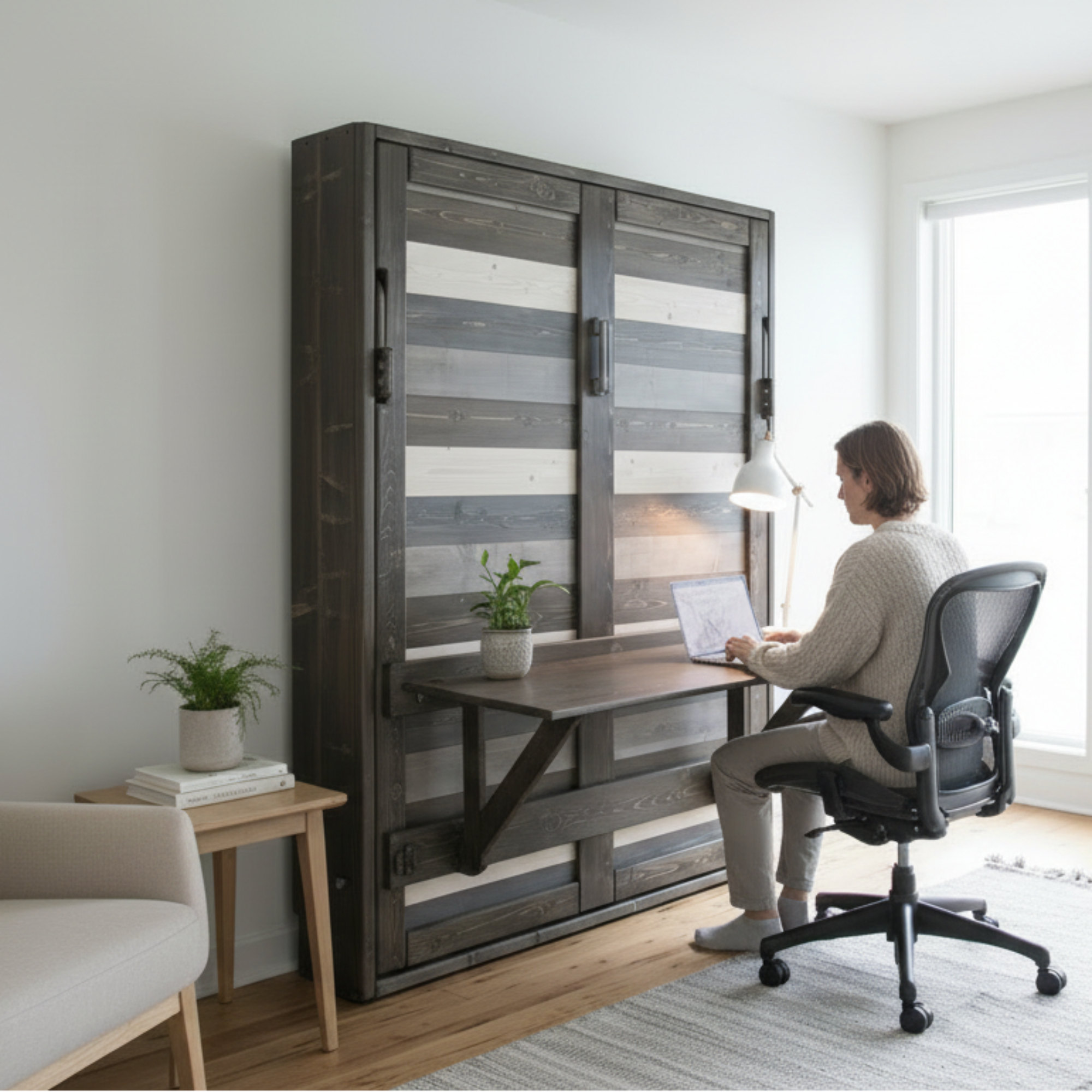 Signature Blue Murphy Bed With Desk - Kootenay Murphy Beds