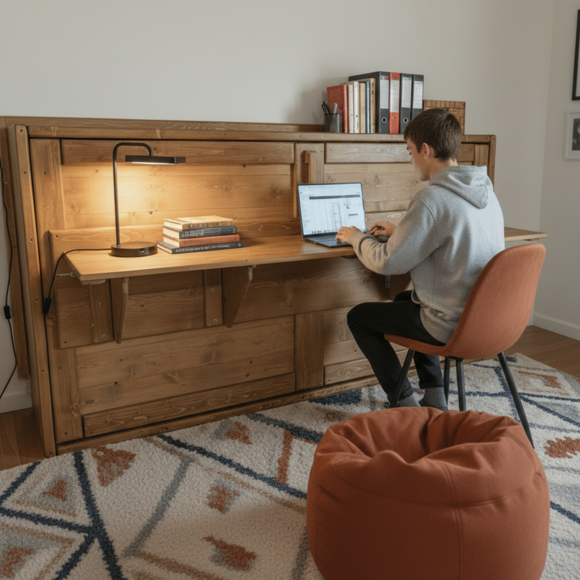 Twin Murphy Bed Horizontal with Desk - Walnut - Kootenay Murphy Beds