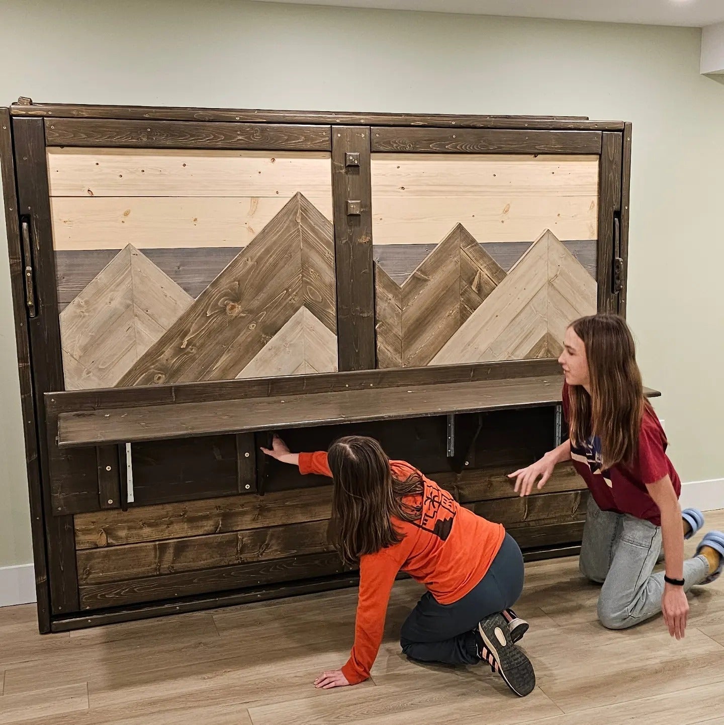 Horizontal Murphy Bed with Desk - Custom Mountain Blue Sky - Kootenay Murphy Beds