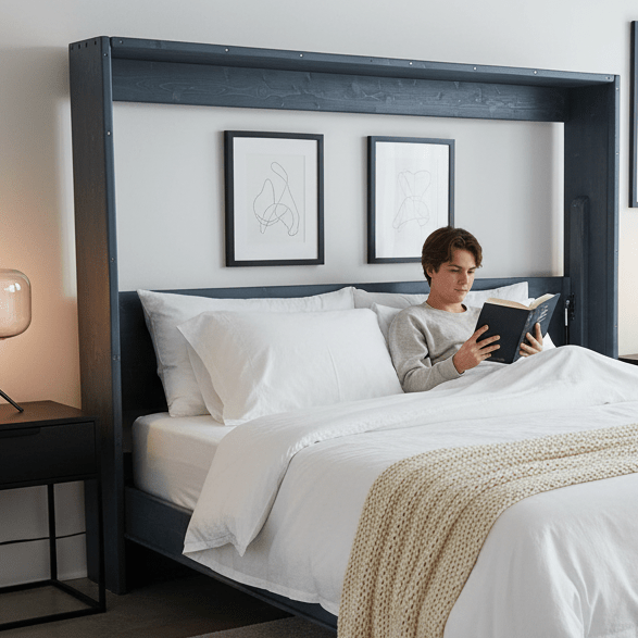 Horizontal Murphy Bed with Stay Level Desk - Blue - Kootenay Murphy Beds