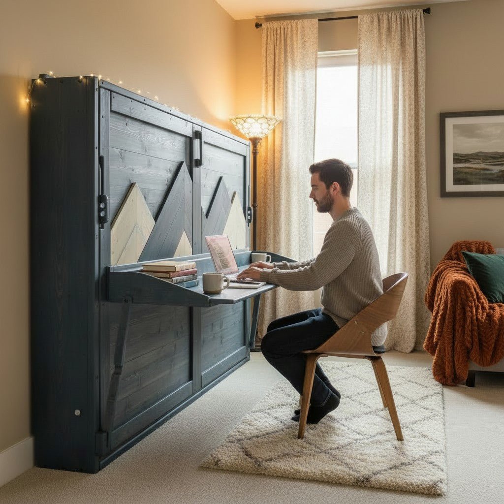 Horizontal Murphy Bed with Stay Level Desk - Blue - Kootenay Murphy Beds