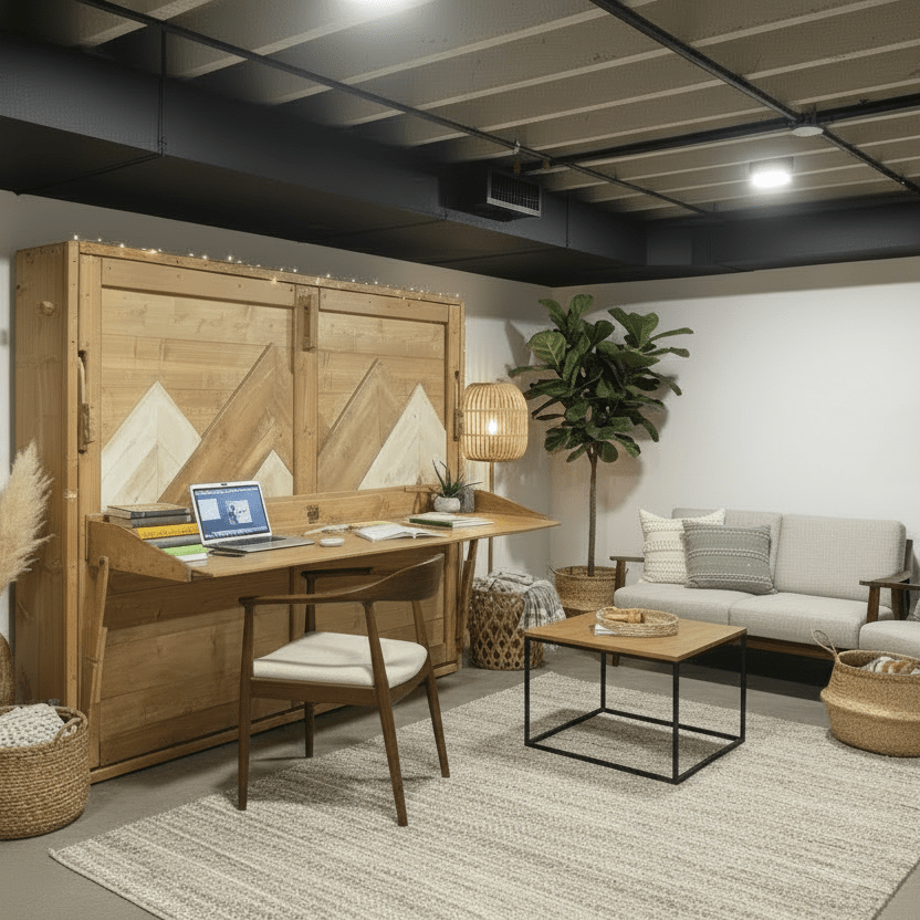 Horizontal Murphy Bed with Stay Level Desk - True Walnut - Kootenay Murphy Beds