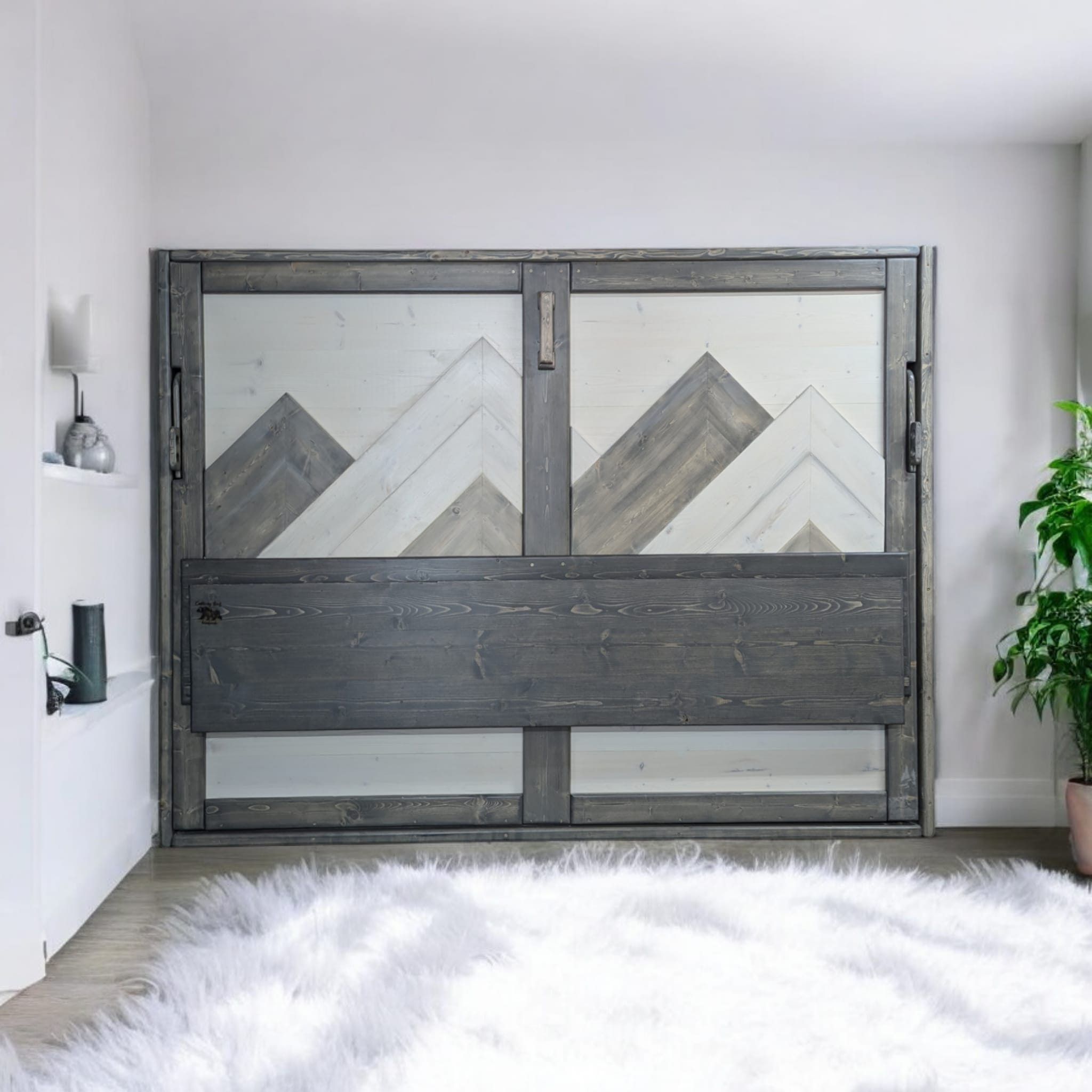 Horizontal Murphy Bed with Desk - White & Grey