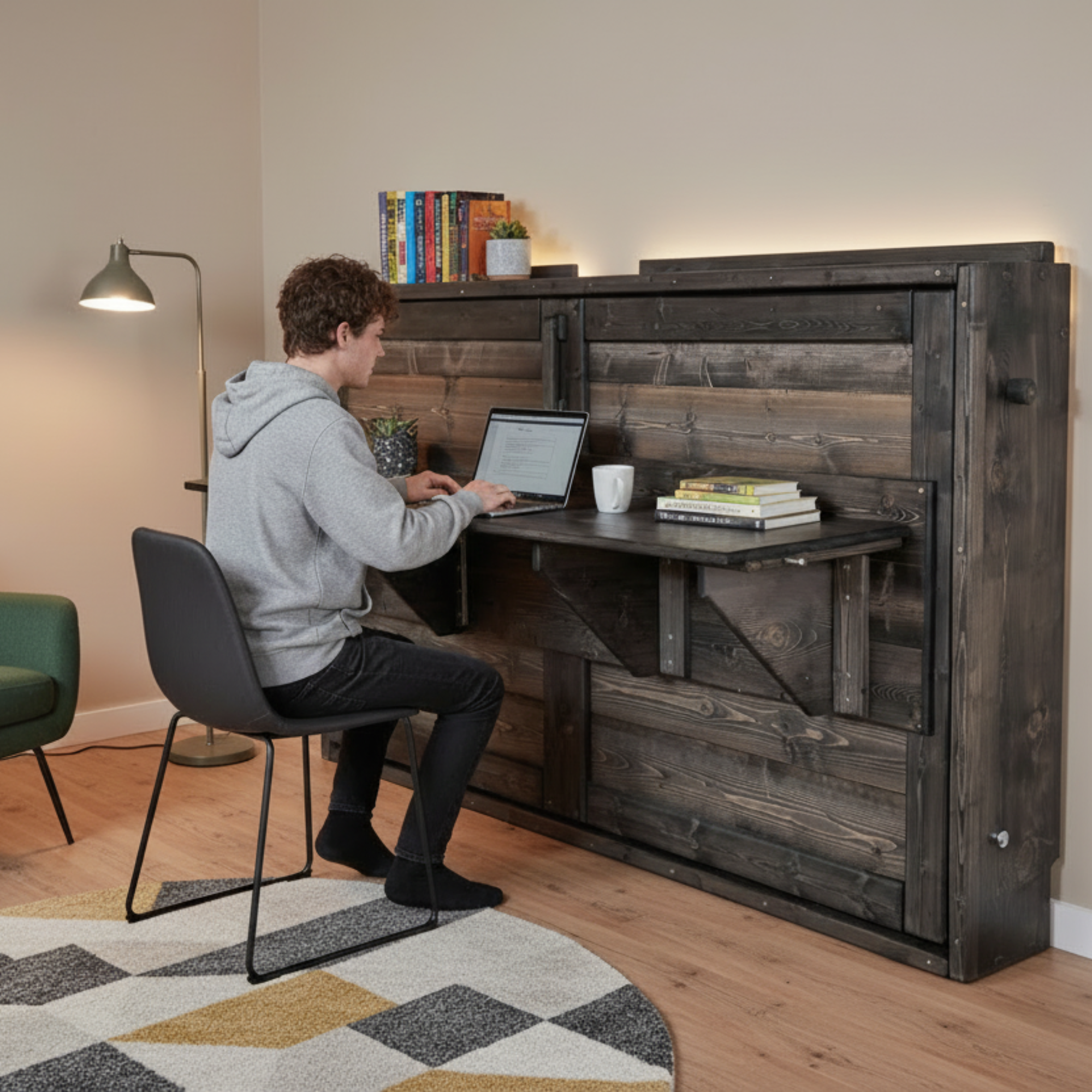 Twin Murphy Bed Horizontal with Desk - Charcoal - Kootenay Murphy Beds