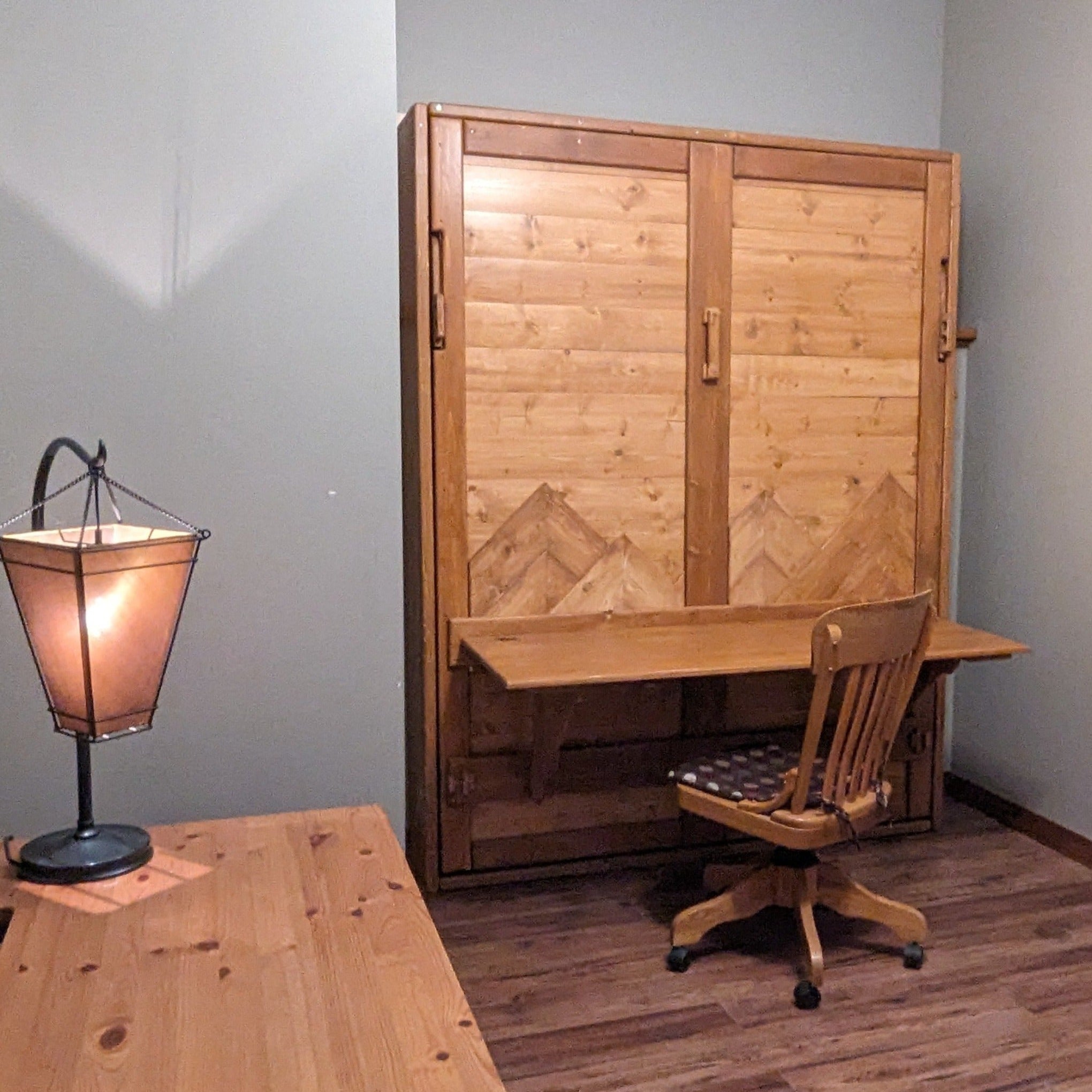 Murphy Bed with Desk - True Walnut with Mountains - Kootenay Murphy Beds