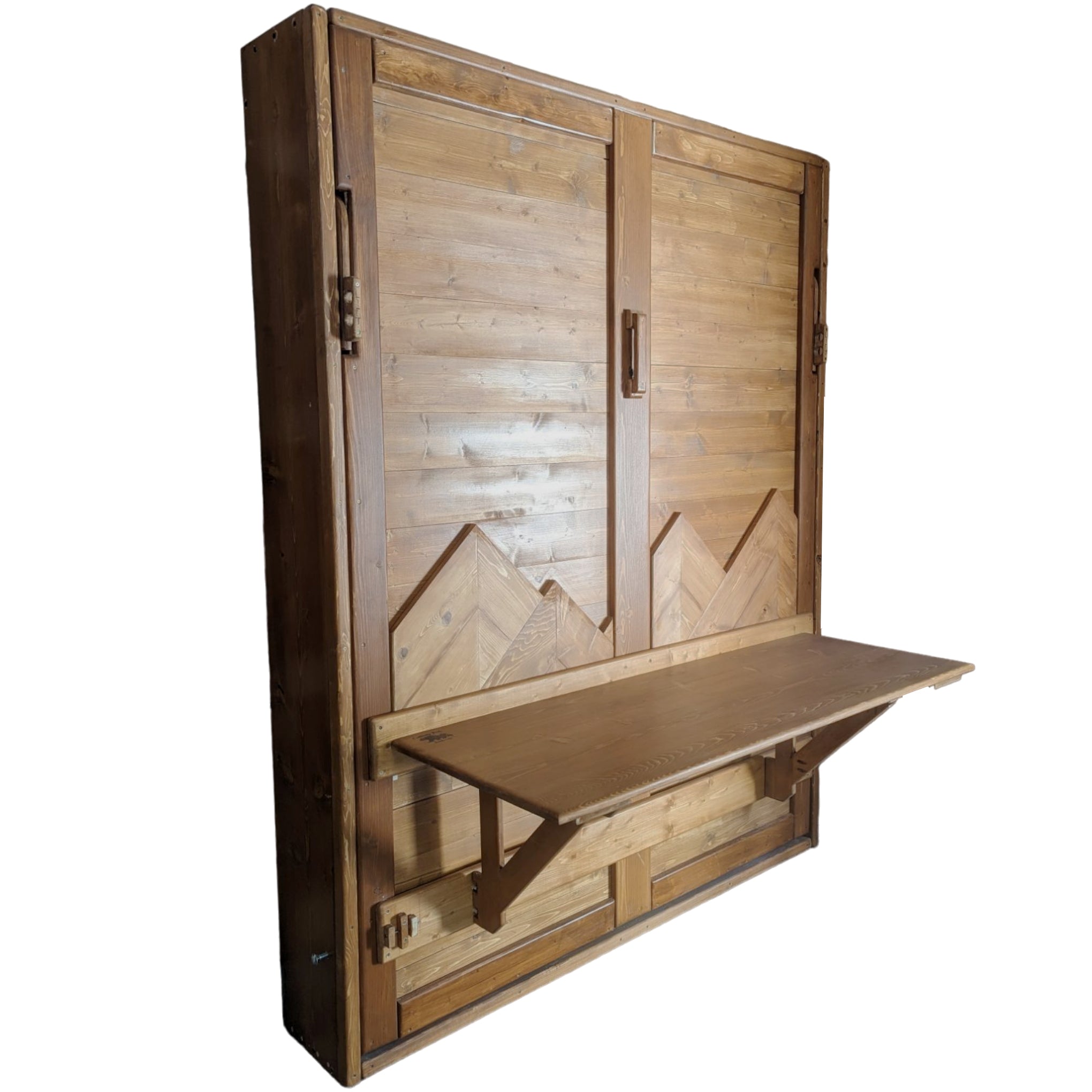 Murphy Bed with Desk - True Walnut with Mountains - Kootenay Murphy Beds